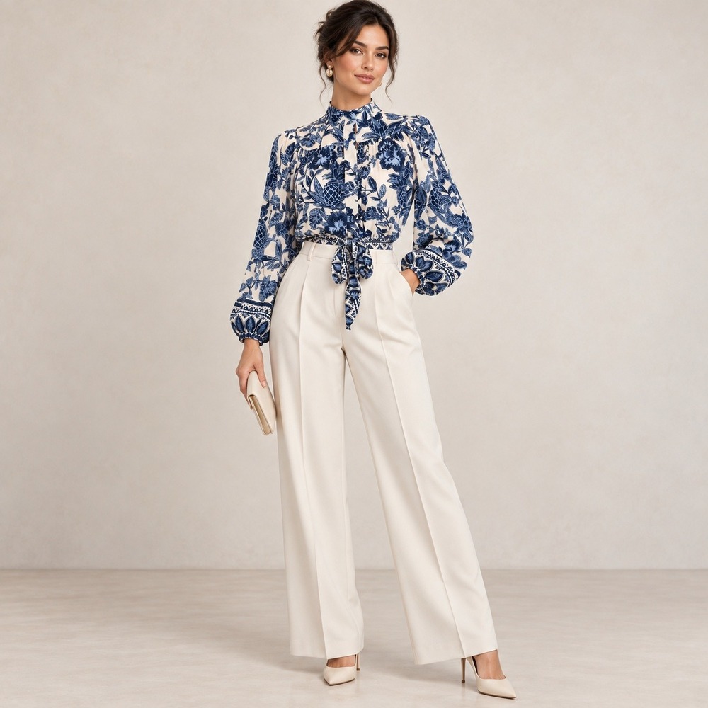 Rachel Zoe Floral Blouse Tie Front High Collar Boho Tropical Size S